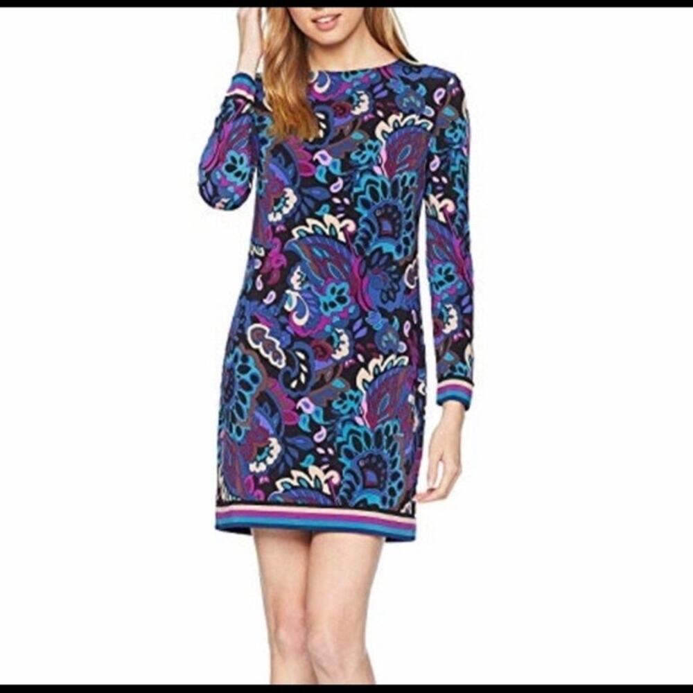 NWT Trina Turk Camellia Paisley Shift Dress Long Sleeve US 8 Resortwear Brunch